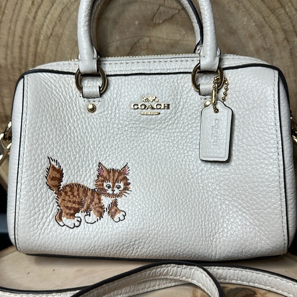 Coach Mini Rowan Dancing Kitten Orange Cat & Cream Leather Handbag Crossbody - Picture 2 of 11